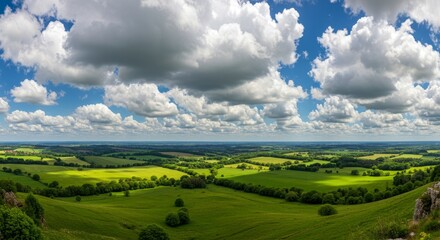 Fototapeta premium Serene Valley Landscape Under Dramatic Sky - Picturesque valley, lush greenery, dramatic cloudscape, open blue sky, peaceful nature. Symbolizing tranquility, vastness, freedom, hope, and serenity