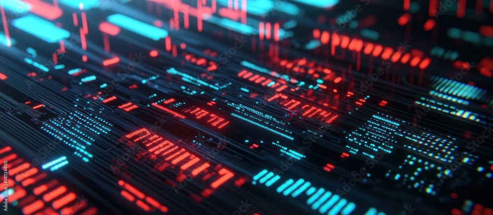 Poster illuminated circuit board abstract design shows intricate details of technology's complexity with bl