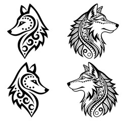 Wolf Head Tattoo Design: Four detailed, artistic, black and white, stylized wolf head illustrations. Great for creative projects and tattoo designs.