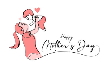 Mum hugs baby continuous one line contour on white background for happy mother's day event