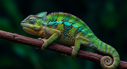 Vibrant Chameleon on Branch - A vividly colored chameleon rests on a dark brown branch against a blurred green background. Its scales shimmer with green, blue, and yellow hues