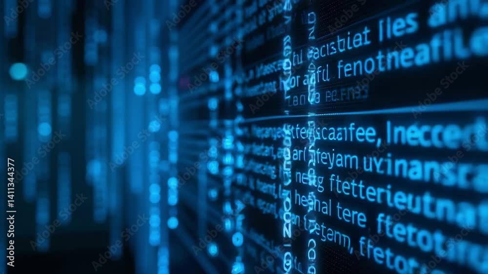 Poster abstract digital data flow with random characters and symbols illuminating in blue and black backgro
