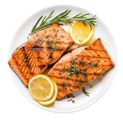 Two pieces of grilled salmon garnished with rosemary and lemon slices on a white round plate png
