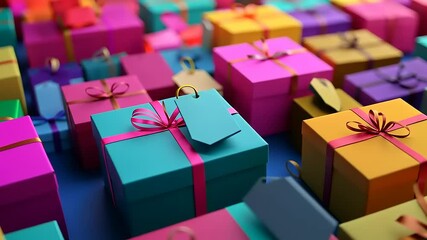 Colorful assortment of gift boxes with tags arranged in a vibrant display for festive celebrations