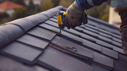 Roofer securing roof tiles with pneumatic nail gun. Residential home construction site
