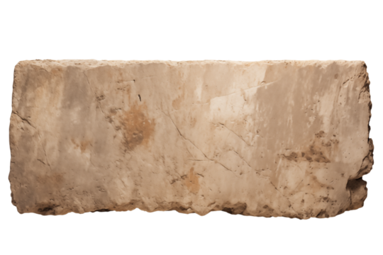 A close up shot of a rectangular block of rough beige stone against a transparent background png