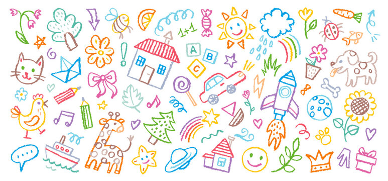 Cute kid crayon hand drawn icon background. Summer children pencil bg. Cute school sketch. Color cloud house, flower, rainbow sun, cat. Vector kid pencil illustration. Cute crayon child doodle pattern