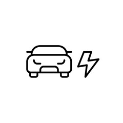 Car with lightning bolt. Electric-powered vehicle, eco-friendly transportation. EV charger and parking spot. Pixel perfect vector icon