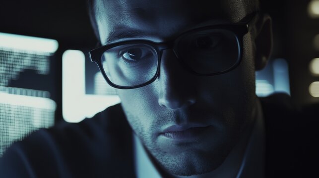 A software developer coding in a dark office with multiple screens. Featuring focus and technology