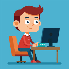 Cartoon businessman working on laptop at office desk illustration