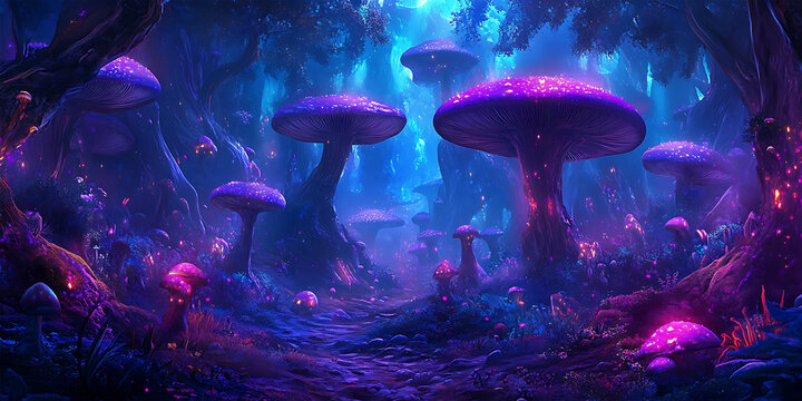 Lush Fantasy Valley with Giant Mushrooms and Alien Landscape Wallpaper for Fantasy Art, Adventure Design, or Nature Concept Projects