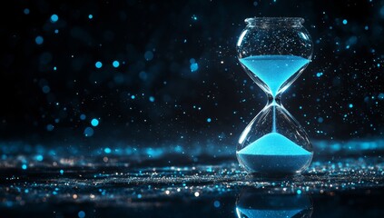 Hourglass with glowing blue sand.  Time passing, fleeting moments,  and anticipation