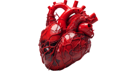 A detailed red anatomical heart model with veins and arteries on a transparent background isolated close up png