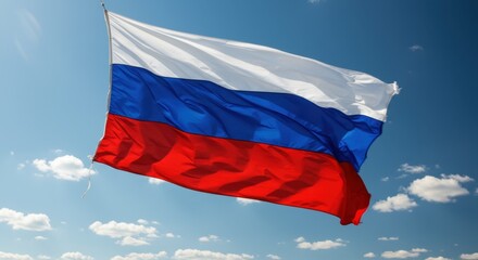 Majestic Russian Flag Waves Against a Vivid Blue Sky, Fluffy Clouds Adorning the Backdrop A Symbol of National Pride