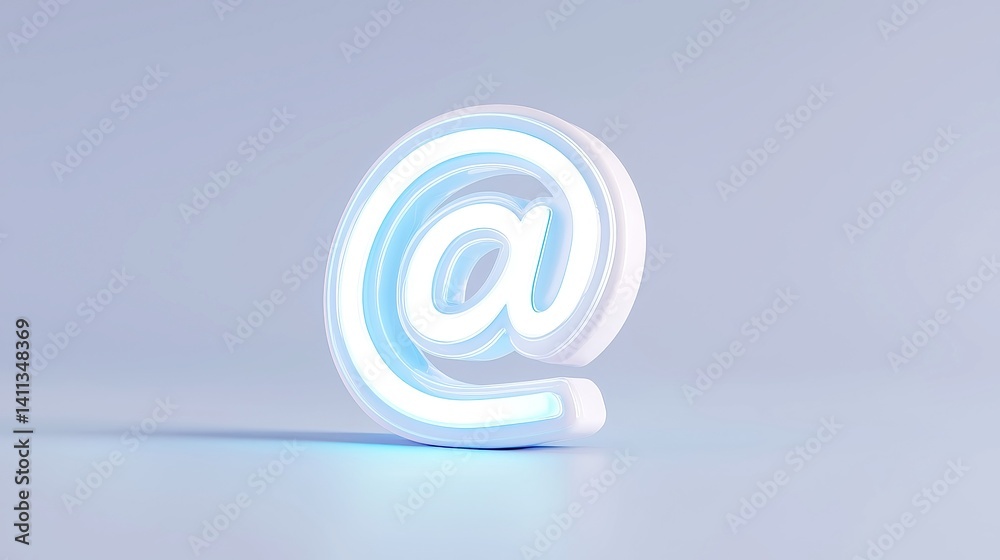 Poster minimalist email interface, a sleek inbox design featuring a large softly illuminated @ symbol radia