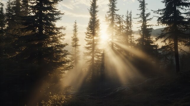 Sunrise through misty forest - Powered by Adobe