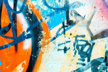 Vibrant abstract graffiti mural in neon orange, blue, white. 90s, Y2K graffiti style, colorful...