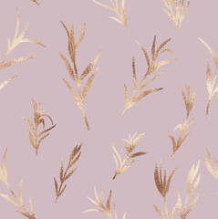 Elegant eucalyptus branch seamless pattern with rose gold glitter texture.