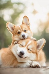 Two corgis cuddling and sleeping together peacefully
