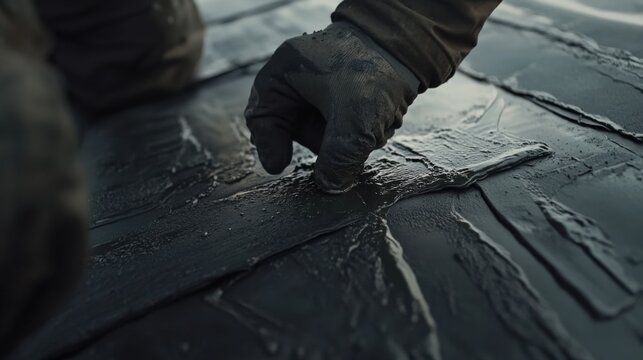 Roofing worker applying tar to roof seams. Featuring attention to detail and care
