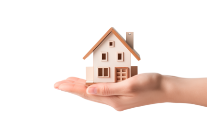 Small house model held in the palm of a hand against a plain transparent background in a close up shot png