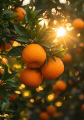 oranges growing on a tree in an orange grove at sunset, new harvest, Orange grove with many oranges growing on trees in the sunshine