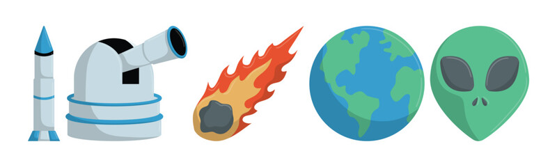 Whimsical cartoon illustration featuring space exploration, including a rocket, observatory, planet earth, comet, and an alien face, highlighting the wonders of the universe.