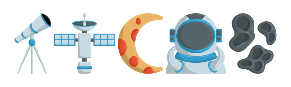 This image features stylized cosmic exploration elements arranged in a vector illustration. It includes astronaut, telescope, satellite, moon and craters, perfect for illustrating concepts of space an