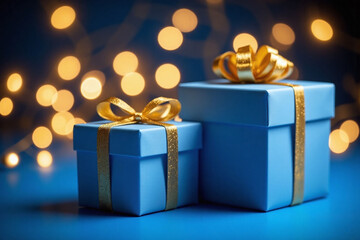 two blue gift boxes with gold ribbons on a blue background