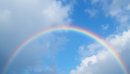 Stunning view of a vibrant rainbow arching across a partly cloudy bright blue sky, a breathtaking natural phenomenon.