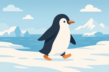Obraz premium Cute cartoon penguin walking on icy landscape with ocean and snowy mountains in the background