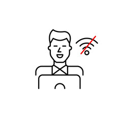 Man at laptop and no wi-fi symbol. Disconnected offline work or study mode. Pixel perfect vector icon