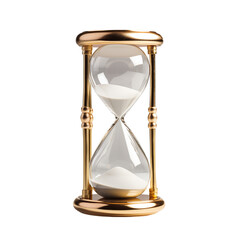 Isolated hourglass with golden frame and white sand against a transparent background studio shot png