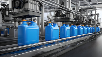Blue plastic jugs move along a conveyor belt in a large, automated industrial filling and packaging facility.