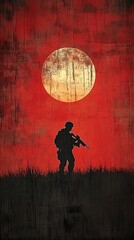 Naklejka premium Soldier at Dusk, Red Moon, Field