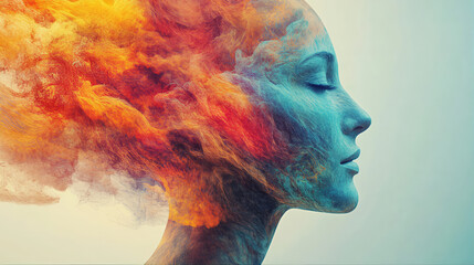 World mental health day green concept poster. Abstract human head profile for World mental Health day smoke concept.