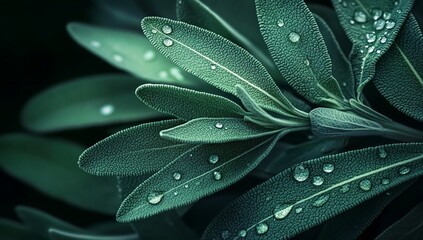 Obraz premium Close-up of sage leaves with water droplets