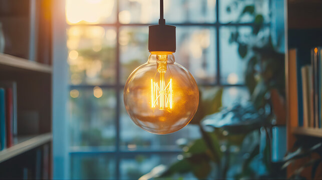 Illuminated glowing vintage LED light round bulb.