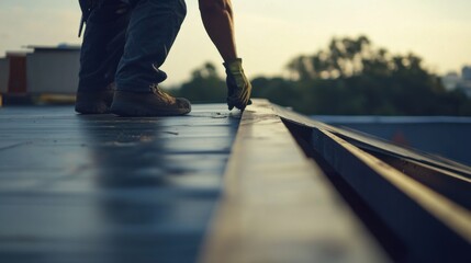 Roofing worker securing a roof beam in place. Featuring expertise and strength