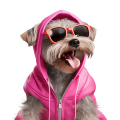 A dog with sunglasses and a pink hoodie sticking its tongue out on a transparent background portrait png