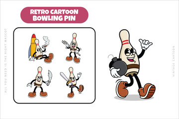 Set of Traditional Bowling Pin Cartoon Illustration with Varied Poses and Expressions