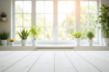 Fototapeta premium white table in front of a window with a view of the garden