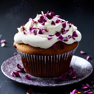 A chocolate chip cupcake topped with lush white icing, garnished with deep purple colored wildflowers. The cupcake is placed on a purple stoneware plate. On the plate as well as on the table are remna