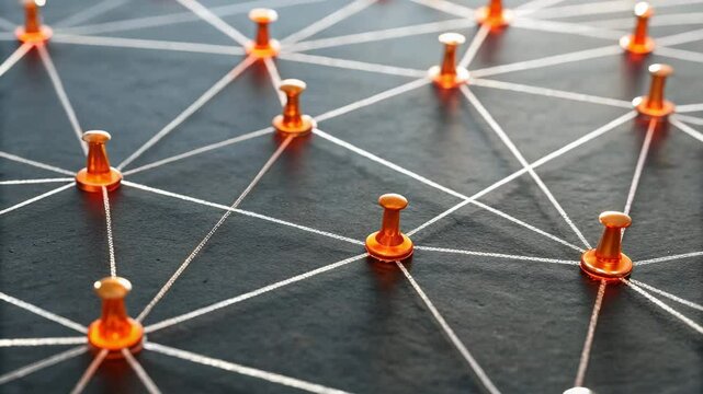 Network of orange push pins connected by white strings on a dark gray surface shown at an angle