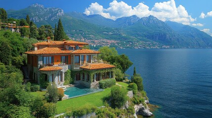 Fototapeta premium Lakefront Villa with Stunning Mountain Views