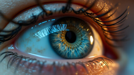 A mirrored die reflects a warped human eye, blending biology and geometry. Kaleidoscopic light flares enhance surrealism.