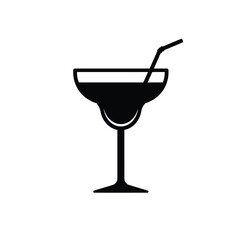 Black Silhouette Of Margarita Cocktail Glass With A Straw Vector Illustration