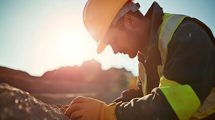 Mining worker conducting a routine safety check on equipment at a mining site to avoid potential hazards. Featuring safety and inspection