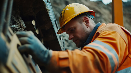 Mining worker conducting a routine safety check on equipment at a mining site to avoid potential hazards. Featuring safety and inspection