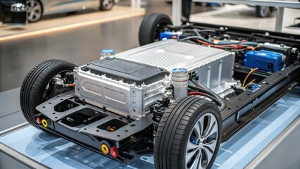 Fototapeta premium hydrogen fuel cell technology clean transport green solution Concept. Electric vehicle chassis with battery components visible.